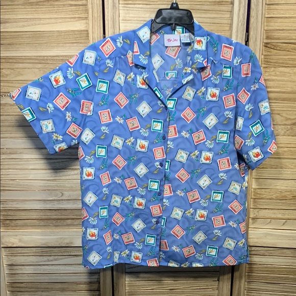 TanJay Tops - TanJay Blue Casual Button Down Shirt with Playful Print Size 14